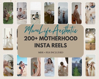 May include: A collage of images featuring mothers and children in various settings, with the text "MomLife Aesthetic 200+ Motherhood Insta Reels MRR + PLR Included" and "Resell for 100% Profit" and "Instant Download".