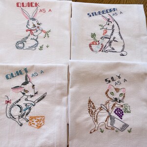 Embroidered flour sack tea towels, vintage animal pattern, buy any one or all 4 or any combination, machine embroidery, dish towel