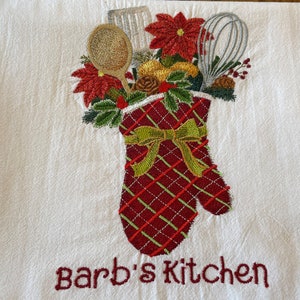 Christmas oven mitt embroidered tea towel, personalized (or not), your choice of text, flour sack dish towel, gift item