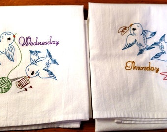 Embroidered Flour Sack Towels: Days of the Week Bluebird Set