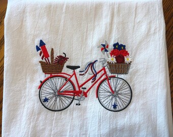 Embroidered Patriotic Bicycle Flour Sack Towel: 4th of July Decor