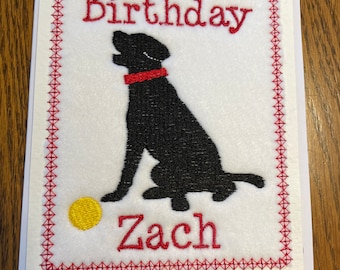 Personalized embroidered birthday card with black lab, choice of colors in text and dog, includes envelope
