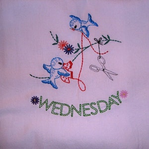 Days of the Week flour sack towels, dish towels, embroidered, bluebirds, vintage pattern