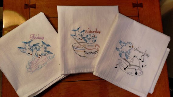 SPRING CLEANING ANIMALS DAYS OF THE WEEK EMBROIDERED FLOUR SACK DISH TOWELS