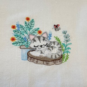 Embroidered flour sack tea towel, sleeping cat with plant, can be personalized or text added, dish towel, cat lover&#39;s gift under 20