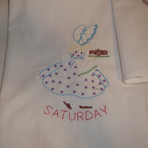 Days of the week dish towels, flour sack towels, Sunbonnet Sue, machine embroidery