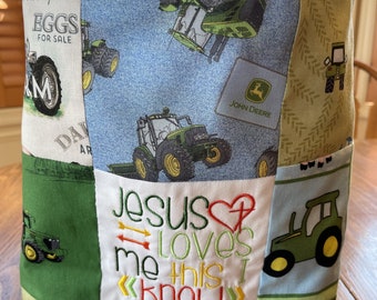 Personalized church quiet bag, tractors theme, name on back side, patchwork, Jesus Loves Me