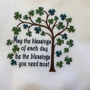 Embroidered St. Patrick&#39;s Day flour sack tea towel, shamrock tree, Irish blessing, dish towel, gift under 20