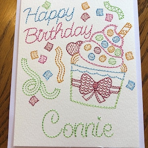 Personalized embroidered birthday card, machine embroidery, card and envelope included
