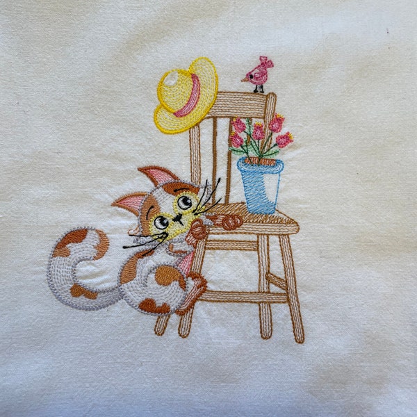 Embroidered flour sack tea towel, cat with chair, plant and hat, can be personalized with text of your choice, machine embroidery