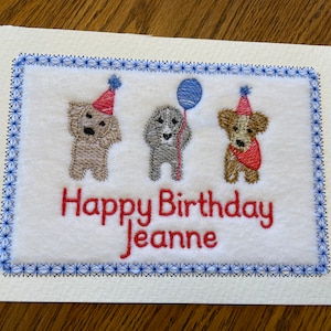 Personalized embroidered birthday card for dog lover or FROM the dog(s), with envelope, 5 x 7 card with felt, choice of text