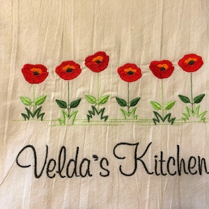 Personalized poppy garden embroidered tea towel, flour sack dish towel, kitchen decor, machine embroidery, gift under 20