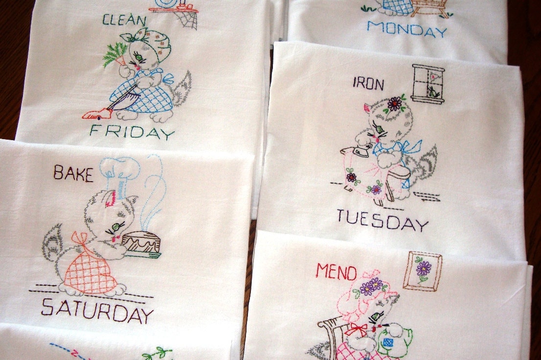 Days of the Week flour sack dish towels tea towels bluebirds