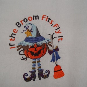Halloween embroidered flour sack kitchen tea towel, pumpkin witch, autumn decor