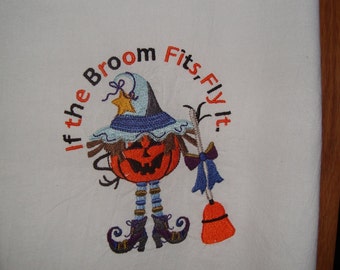 Halloween embroidered flour sack kitchen tea towel, pumpkin witch, autumn decor