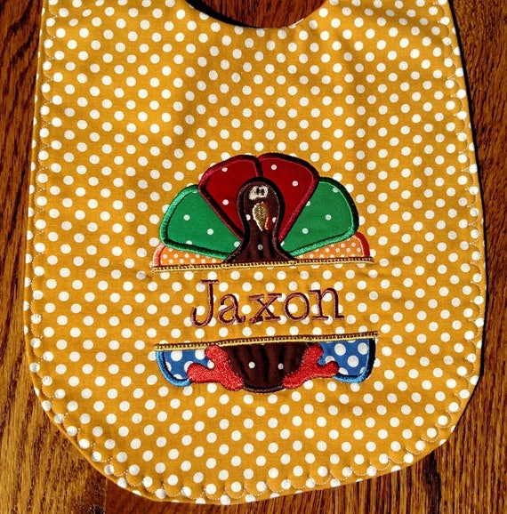 Thanksgiving Turkey Yellow Bib Embroidered Baby Bib