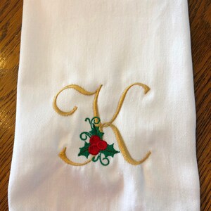 Holly initial/monogram embroidered dinner napkin, Christmas tableware, cotton and polyester napkin, 17&quot; square, machine embroidery