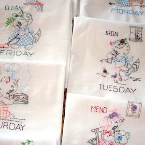 Days of the Week dish towels,  flour sack towels, Miss Kitty at Work, set of 7 tea towels, machine embroidery