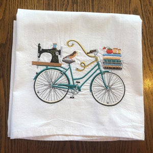 Sewing bicycle embroidered flour sack tea towel, can be personalized, dish towel, machine embroidery, gift under 20