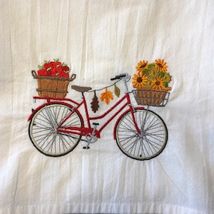 Apple harvest bicycle embroidered dish towel, fall kitchen towel, can be personalized,  flour sack towel, tea towel, machine embroidery