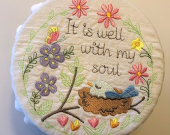 Embroidered Wreath Bowl Cover: Reusable Cotton Fabric, choice of 3 designs and 4 sizes