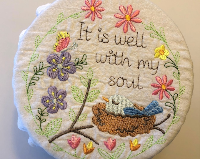 Embroidered Wreath Bowl Cover: Reusable Cotton Fabric, choice of 3 designs and 4 sizes