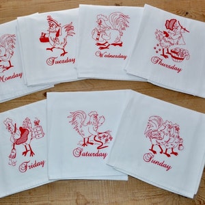 Days of the Week Dish Towels, Redwork, Roosters, Flour Sack Towels, Kitchen Towels, Tea Towel ...