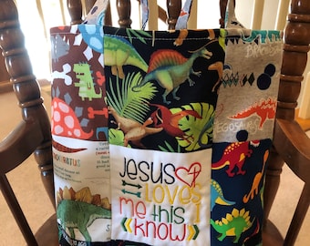 Personalized Dinosaur Patchwork Quiet Bag: Boy's Reversible Library Tote