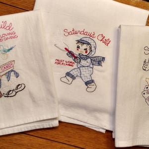 Days of the Week embroidered dish towels, vintage children&#39;s pattern, flour sack towels, Monday&#39;s Child is Fair of Face, kitchen tea towels