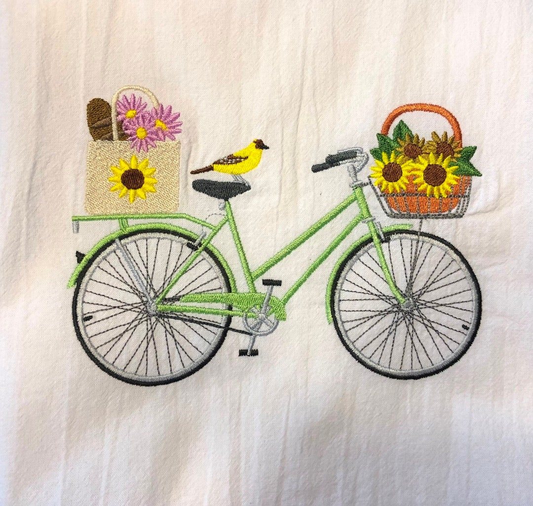 Summer Bicycle Embroidered Tea Towel, Dish Towel, Flour Sack Towel, Can ...