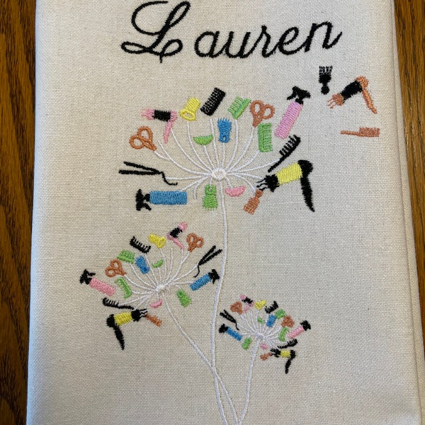 Personalized (or not) hairstylist gift, embroidered tea towel, natural or white towel, machine embroidery, dish towel, flour sack towel