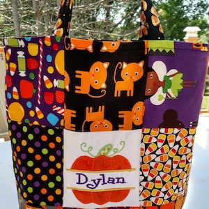 Trick or treat bag, Pumpkin Fun fabric, personalized, pumpkin applique, child&#39;s name, Halloween gift, Halloween bag, cotton fabric bag