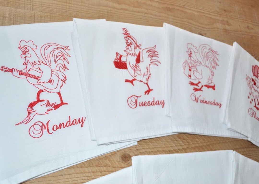 Days of the Week Dish Towels, Redwork, Roosters, Flour Sack Towels, Kitchen Towels, Tea Towel ...