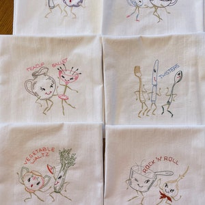 Dancing vegetables machine embroidered flour sack tea towels, order 1 or all 6 or any combination, dish towel, vintage pattern, gifts