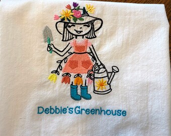Personalized Garden Girl Tea Towel: Embroidered Flour Sack Dish Towel