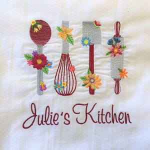 Personalized embroidered dish towel, kitchen utensils with flowers, spring kitchen tea towel, flour sack towel, gift under 20