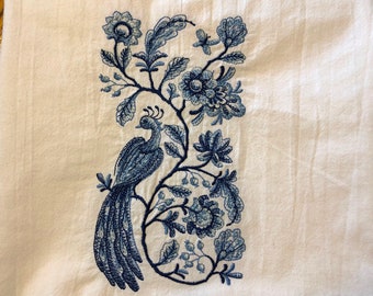 Blue Delft Embroidered Peacock Flour Sack Tea Towel