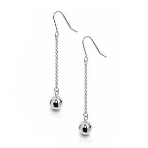 May include: A pair of silver-toned drop earrings featuring a polished spherical bead suspended from a delicate cable chain. Each earring is attached to a curved ear wire hook, creating a simple, reflective, and metallic design.
