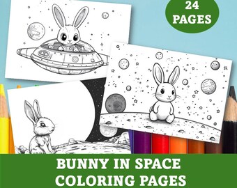 Animal in space coloring for kids, Digital bunny coloring book, Printable rabbit coloring pages, Easter activity for children PDF