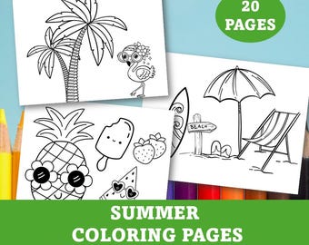 Summer coloring pages for kids, Printable beach coloring book digital download, Vacation activity worksheet for children, Colouring pictures