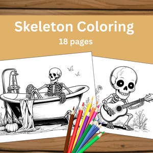 Skeleton coloring pages, Halloween coloring book for adults, Printable activity for kids instant download, Print at home coloring pdf