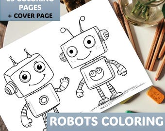 Cute robots coloring book for kids, Printable robots coloring pages PDF, Digital coloring pictures for children, Gift for robot lovers