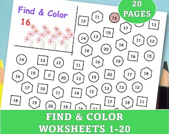 Learning numbers 1-20, Number recognition coloring pages, Digital educational worksheets set, Printable coloring sheets for kids