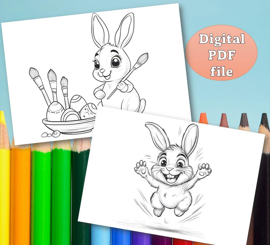 Easter Coloring Pages for Kids, Cute Bunny Coloring Book, Digital ...