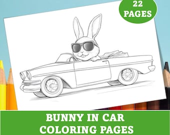 Bunny in car coloring pages for kids, Animals driving cars coloring sheets, Cute rabbit coloring book, Printable Easter activity for child