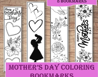 Mothers Day coloring bookmark, Mothers Day crafts for kids, Cute coloring pages, DIY bookmark PDF, Gift for mom, Printable cutouts