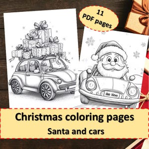 Páginas para colorir de Natal para imprimir em PDF | Folhas para colorir para crianças | Papai Noel e carros | Imagens para colorir para crianças | Colorir para a temporada de férias
