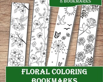 Flower coloring bookmark, Floral bookmarks set, Bookmarkers for women, DIY bookmark kit, Spring coloring activity, Gift for book lover