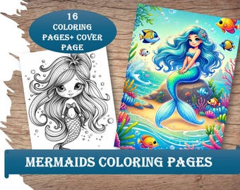 Mermaids coloring pages for kids, Digital mermaids coloring book, Printable activities, Girl birthday party supplies, Colouring worksheets