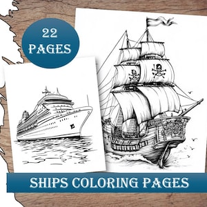 Livro de colorir navios piratas para imprimir, Página para colorir digital, Folhas para colorir barcos em PDF para download instantâneo, Atividade de iates para download